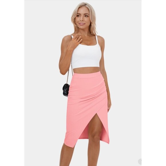 Halara Ruched Split Hem Midi Skirt Sz Small Womens Pink Bodycon Casual Soft - Picture 10 of 10
